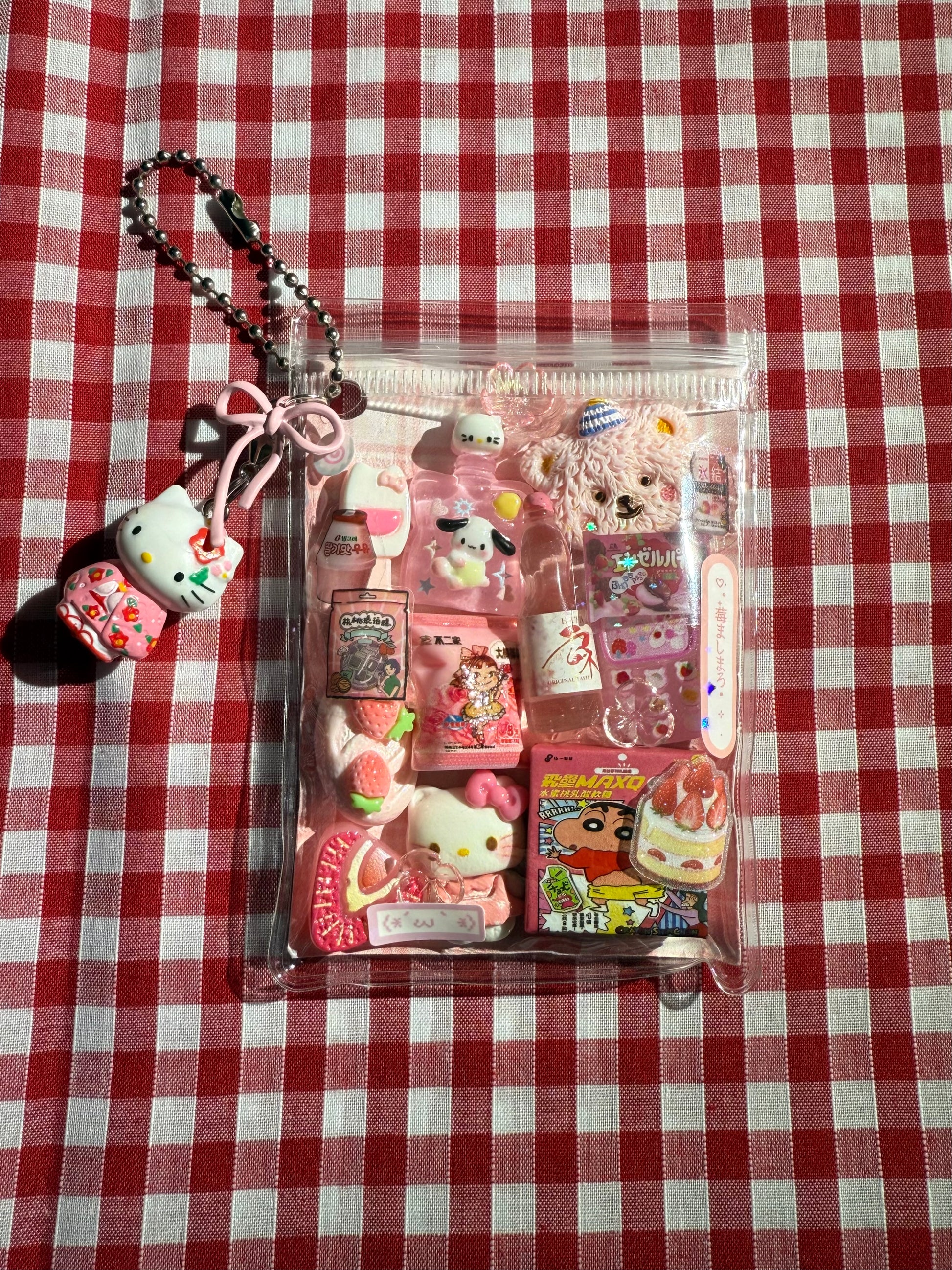 cute kawaii pink trinket keychain hello kitty strawberry pastries bear miniature food shinchan cake keychain